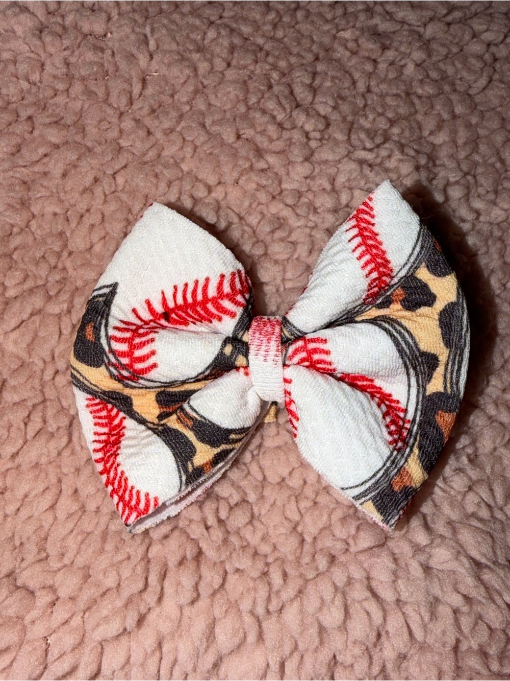 Kids Baseball Print Bow Hair Clip - White & Red